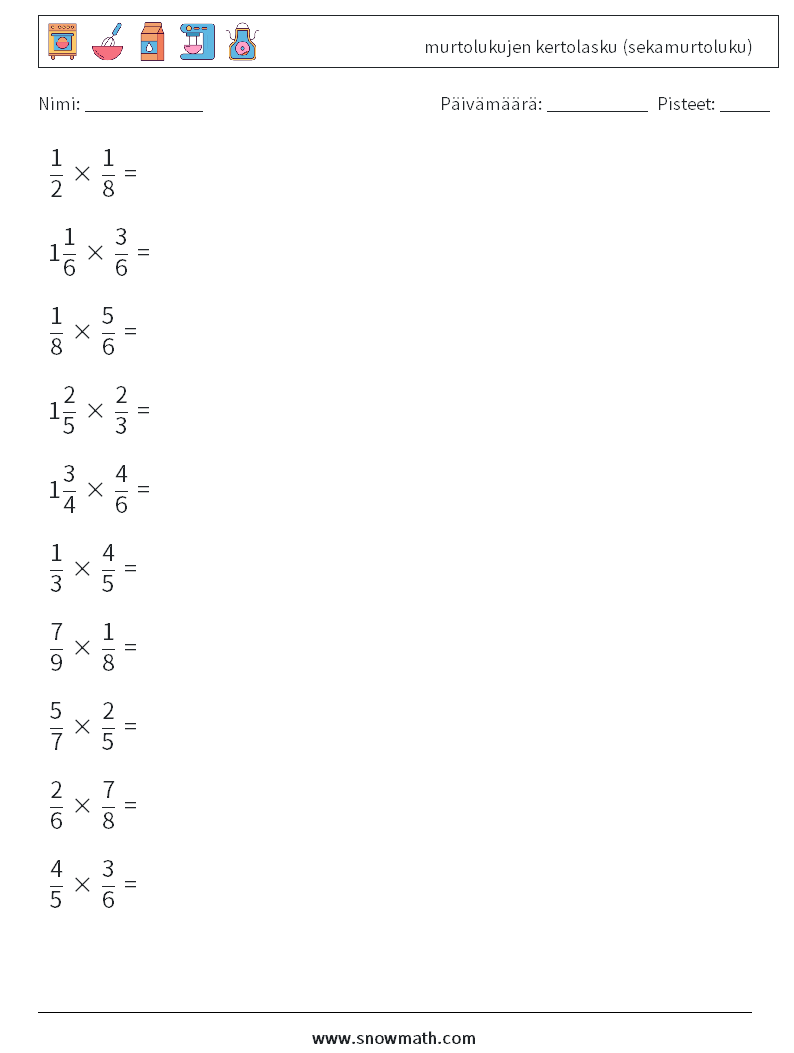 (10) murtolukujen kertolasku (sekamurtoluku) Matematiikan laskentataulukot 16