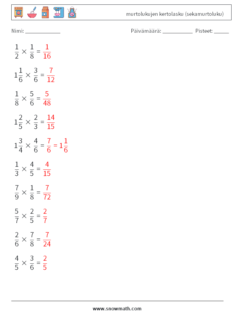 (10) murtolukujen kertolasku (sekamurtoluku) Matematiikan laskentataulukot 16 Kysymys, vastaus