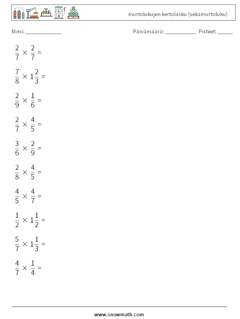(10) murtolukujen kertolasku (sekamurtoluku) Matematiikan laskentataulukot 17