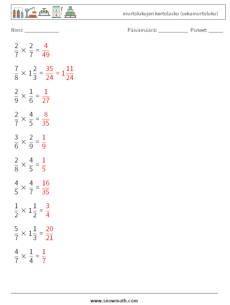 (10) murtolukujen kertolasku (sekamurtoluku) Matematiikan laskentataulukot 17 Kysymys, vastaus