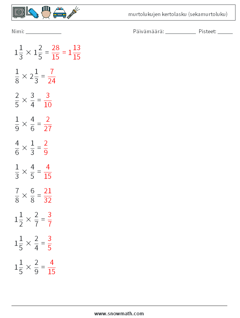 (10) murtolukujen kertolasku (sekamurtoluku) Matematiikan laskentataulukot 1 Kysymys, vastaus