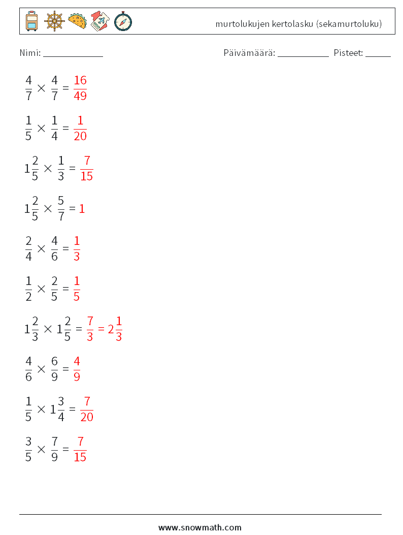 (10) murtolukujen kertolasku (sekamurtoluku) Matematiikan laskentataulukot 2 Kysymys, vastaus