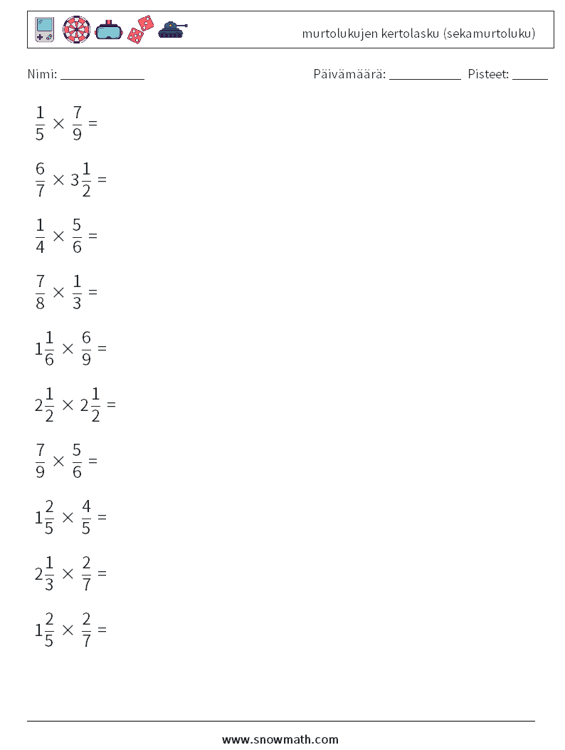 (10) murtolukujen kertolasku (sekamurtoluku) Matematiikan laskentataulukot 3
