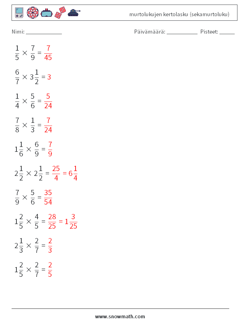 (10) murtolukujen kertolasku (sekamurtoluku) Matematiikan laskentataulukot 3 Kysymys, vastaus