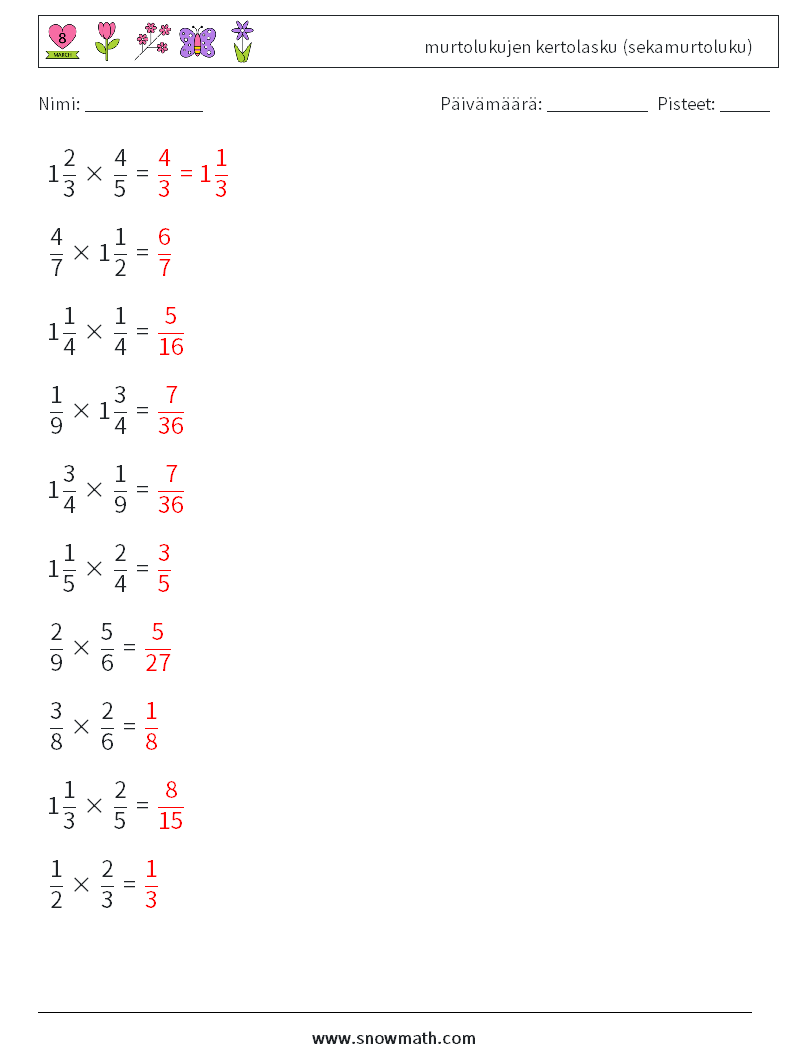 (10) murtolukujen kertolasku (sekamurtoluku) Matematiikan laskentataulukot 4 Kysymys, vastaus