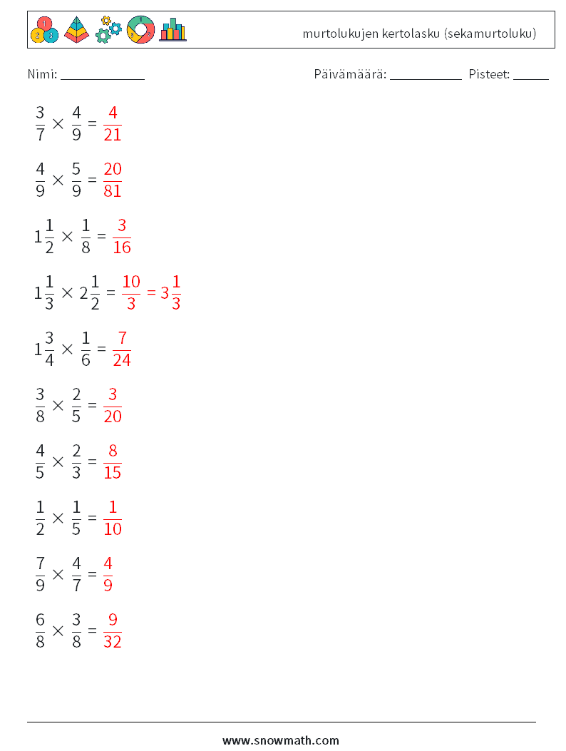 (10) murtolukujen kertolasku (sekamurtoluku) Matematiikan laskentataulukot 5 Kysymys, vastaus