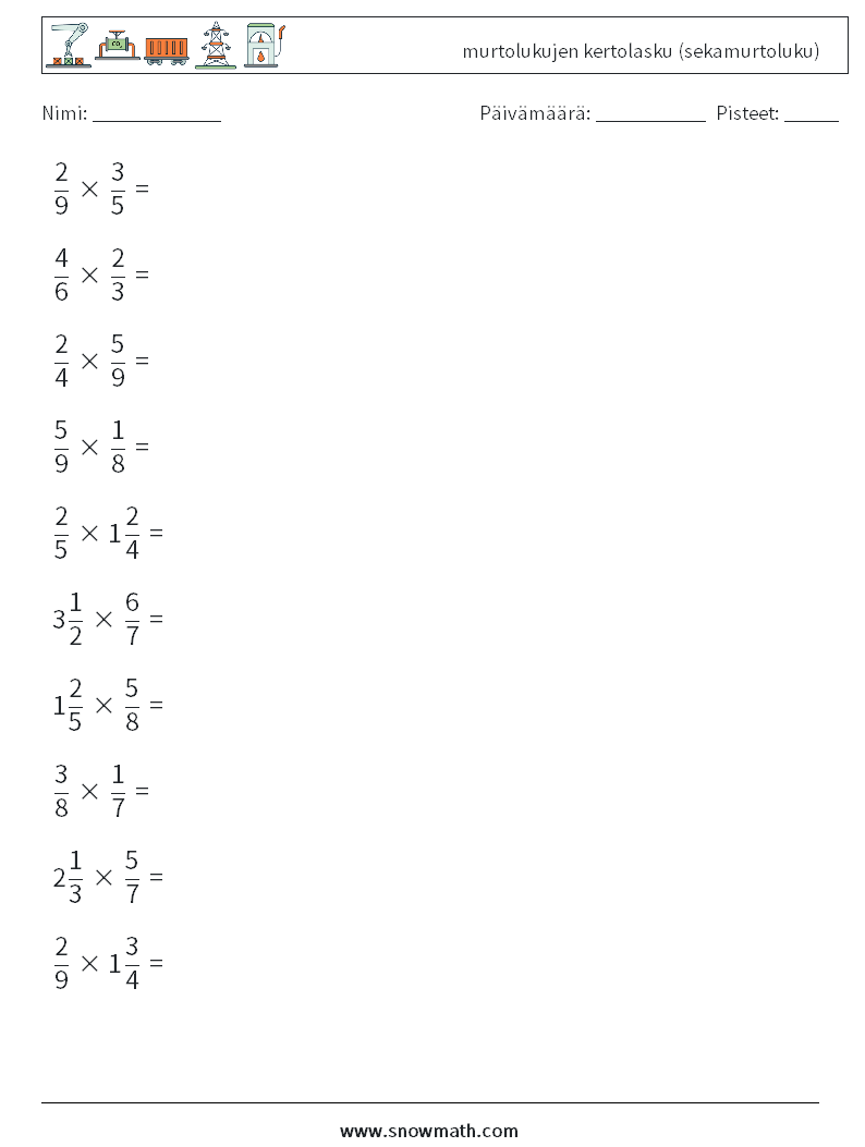 (10) murtolukujen kertolasku (sekamurtoluku) Matematiikan laskentataulukot 7