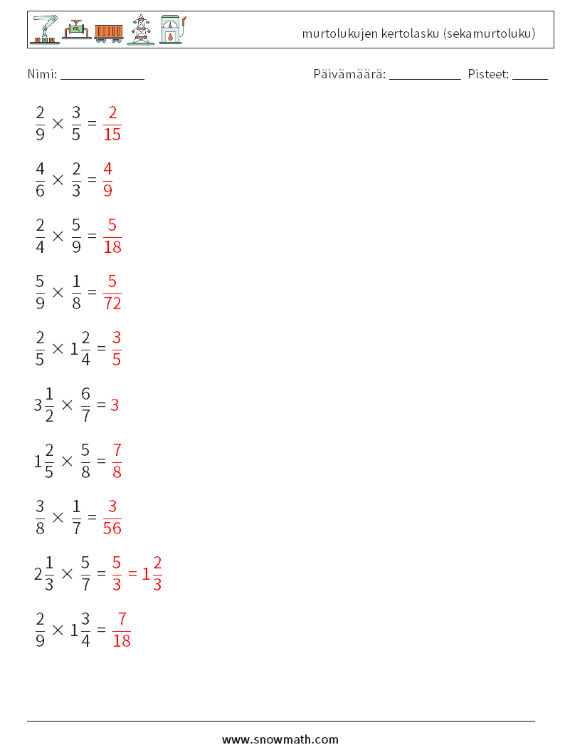(10) murtolukujen kertolasku (sekamurtoluku) Matematiikan laskentataulukot 7 Kysymys, vastaus