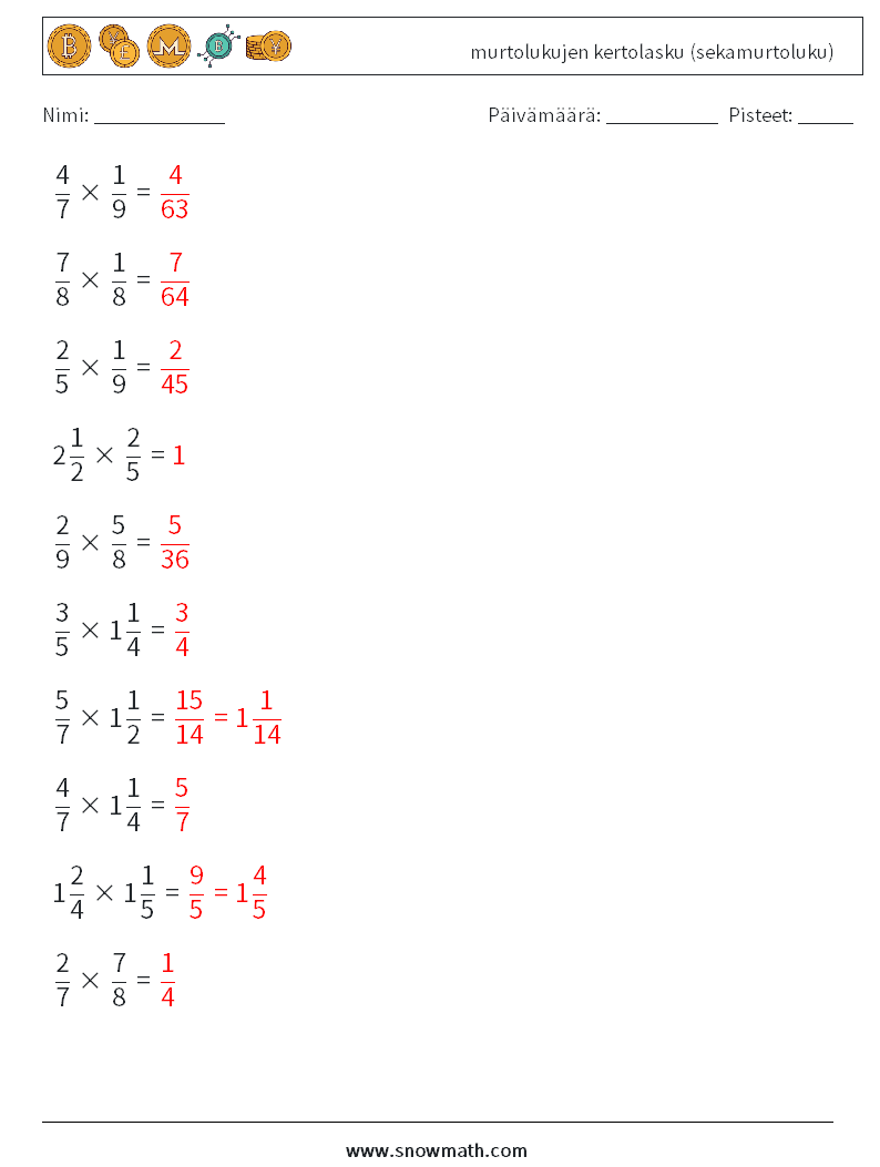 (10) murtolukujen kertolasku (sekamurtoluku) Matematiikan laskentataulukot 8 Kysymys, vastaus