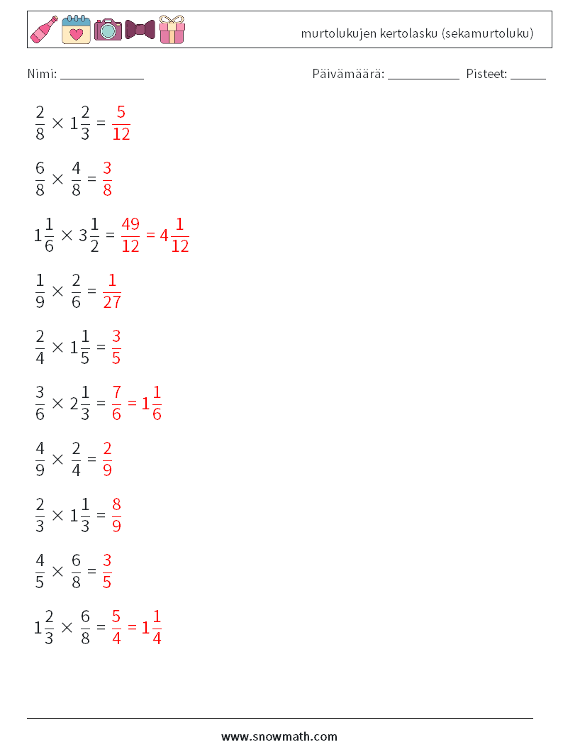 (10) murtolukujen kertolasku (sekamurtoluku) Matematiikan laskentataulukot 9 Kysymys, vastaus