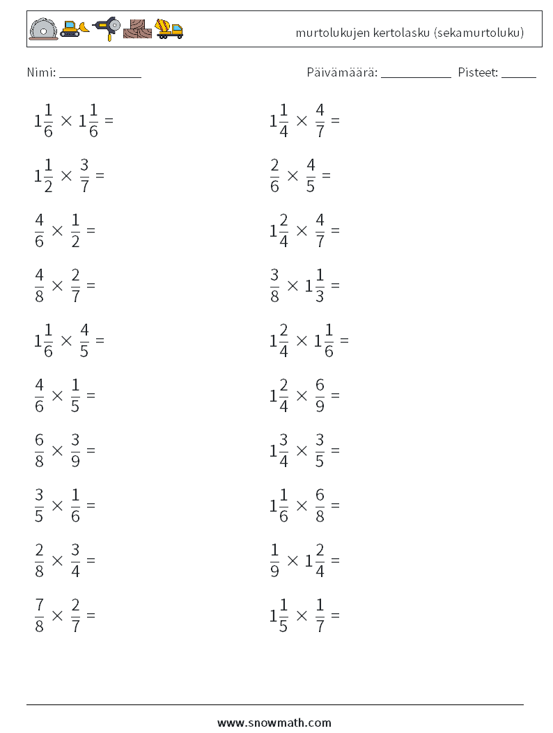 (20) murtolukujen kertolasku (sekamurtoluku) Matematiikan laskentataulukot 11
