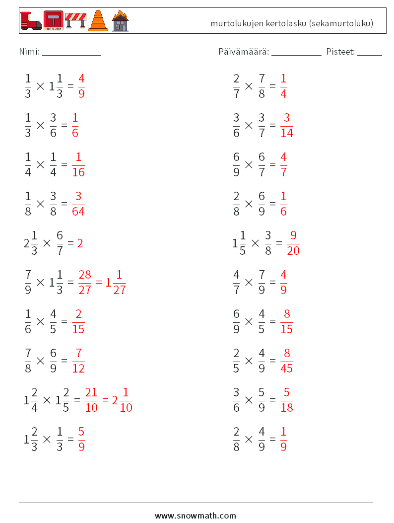 (20) murtolukujen kertolasku (sekamurtoluku) Matematiikan laskentataulukot 12 Kysymys, vastaus