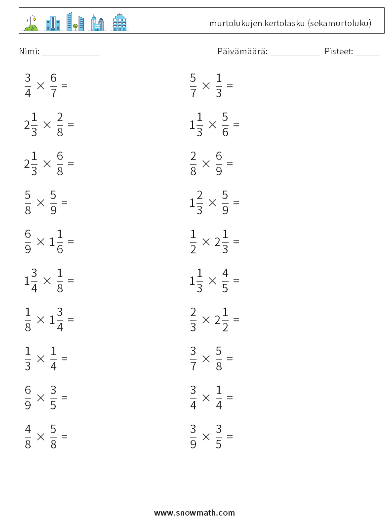 (20) murtolukujen kertolasku (sekamurtoluku) Matematiikan laskentataulukot 13