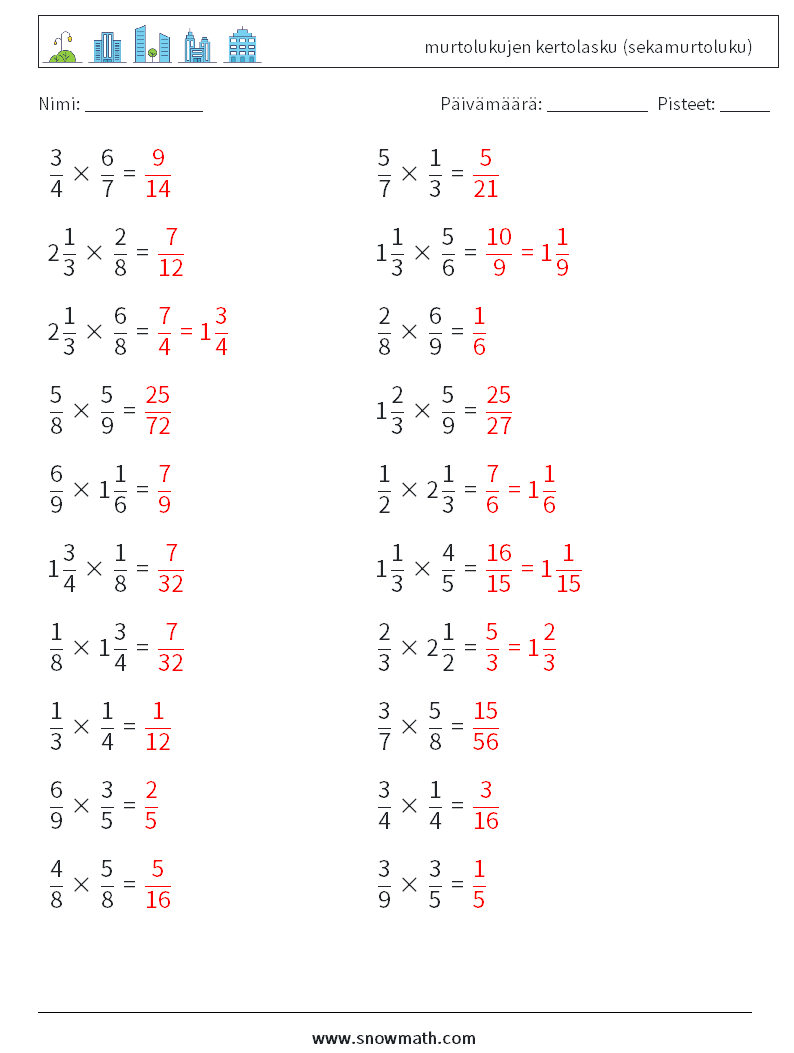 (20) murtolukujen kertolasku (sekamurtoluku) Matematiikan laskentataulukot 13 Kysymys, vastaus
