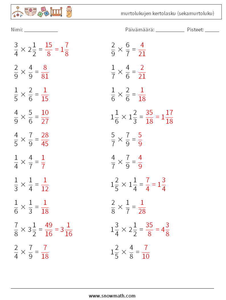 (20) murtolukujen kertolasku (sekamurtoluku) Matematiikan laskentataulukot 15 Kysymys, vastaus