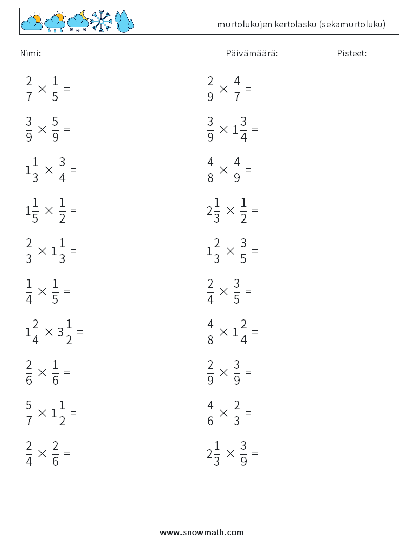 (20) murtolukujen kertolasku (sekamurtoluku) Matematiikan laskentataulukot 16