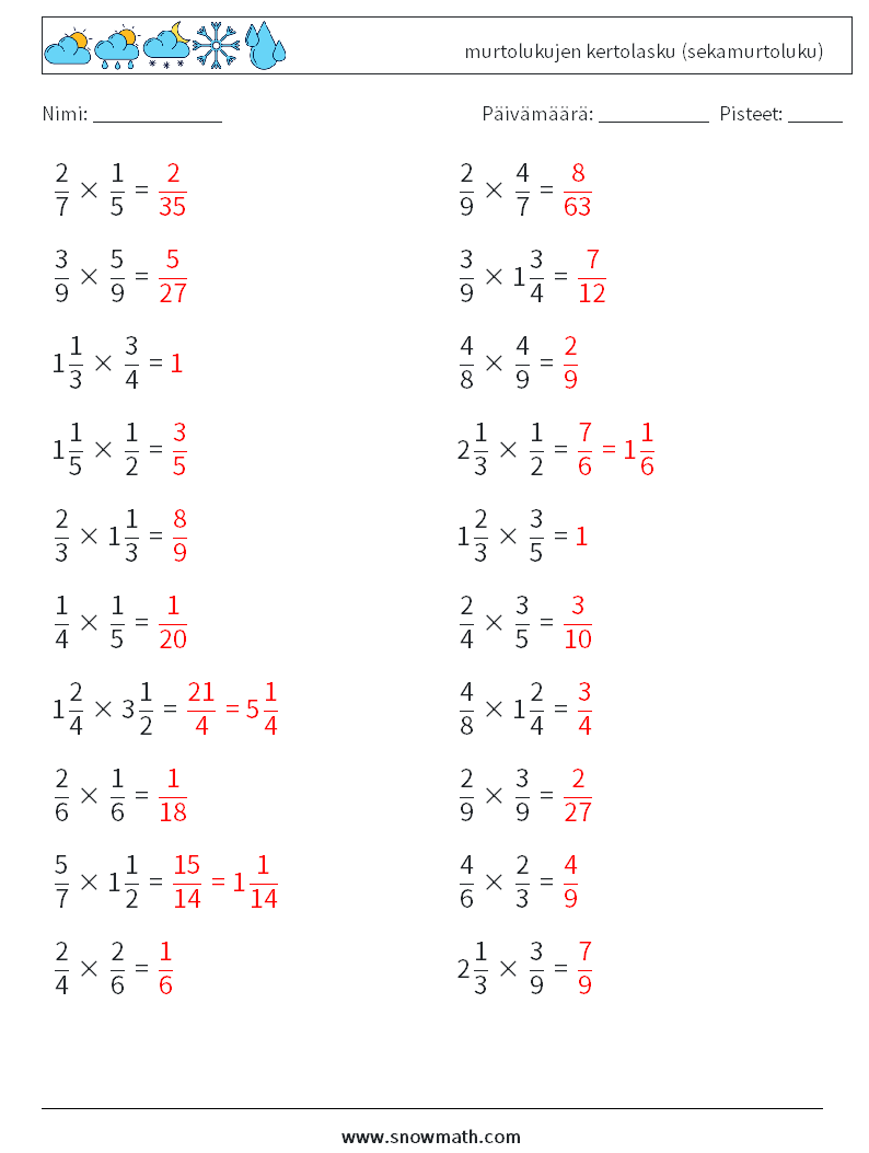 (20) murtolukujen kertolasku (sekamurtoluku) Matematiikan laskentataulukot 16 Kysymys, vastaus