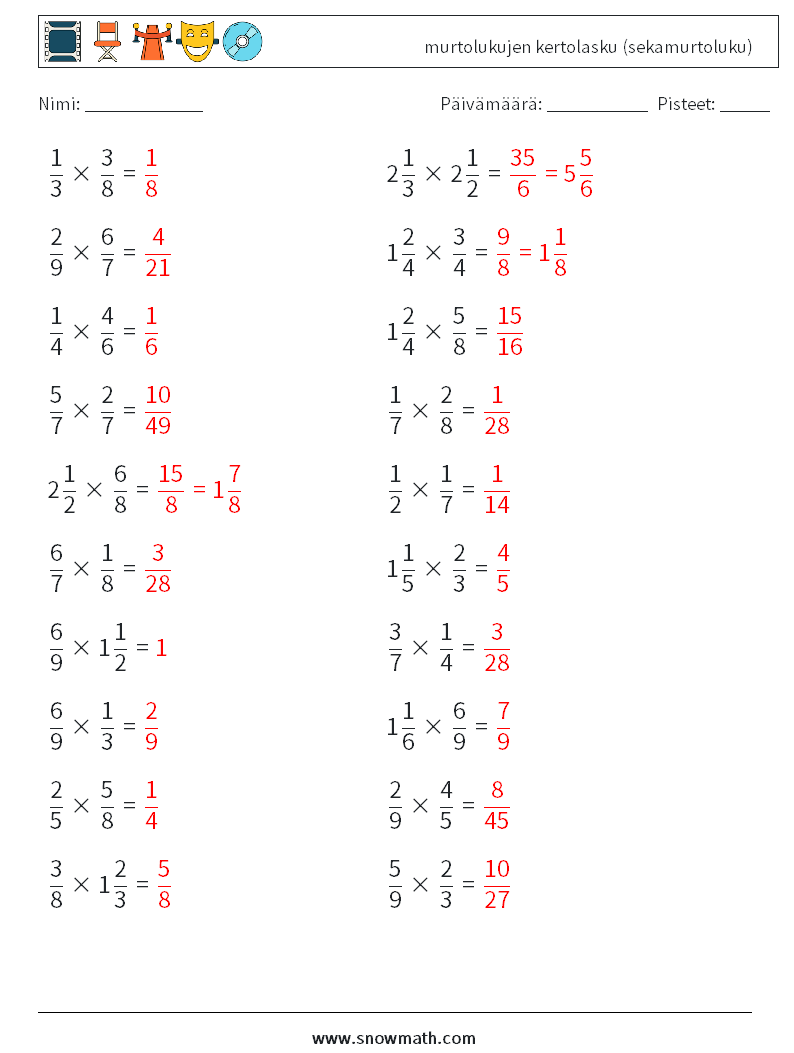 (20) murtolukujen kertolasku (sekamurtoluku) Matematiikan laskentataulukot 17 Kysymys, vastaus