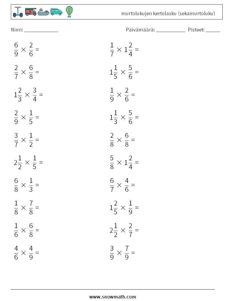 (20) murtolukujen kertolasku (sekamurtoluku) Matematiikan laskentataulukot 18