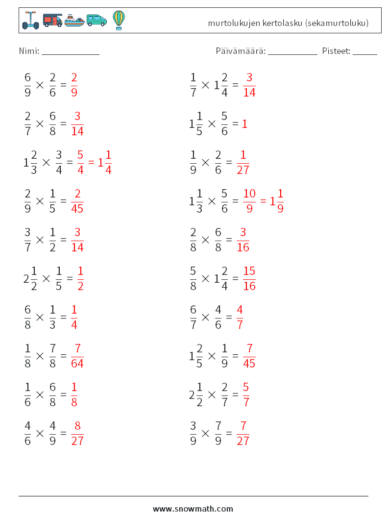 (20) murtolukujen kertolasku (sekamurtoluku) Matematiikan laskentataulukot 18 Kysymys, vastaus