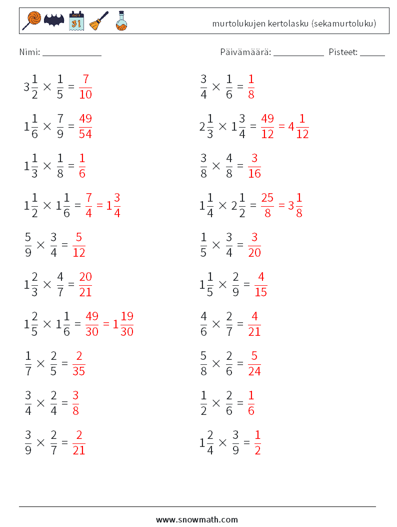 (20) murtolukujen kertolasku (sekamurtoluku) Matematiikan laskentataulukot 2 Kysymys, vastaus