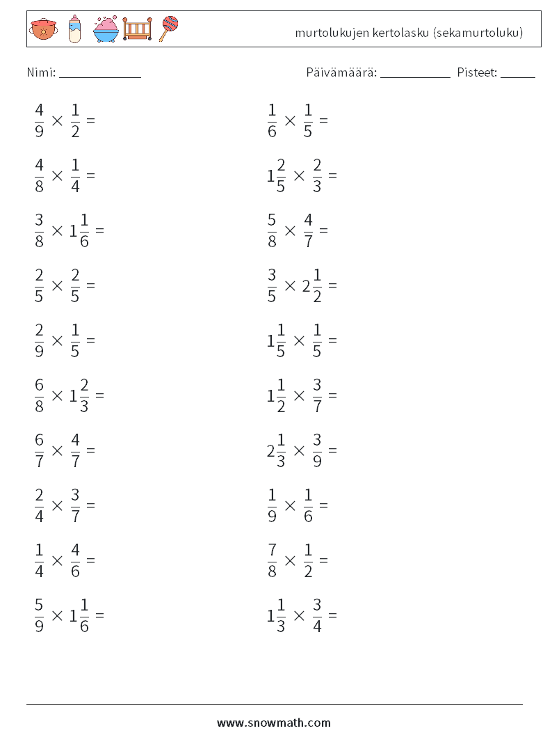 (20) murtolukujen kertolasku (sekamurtoluku) Matematiikan laskentataulukot 3
