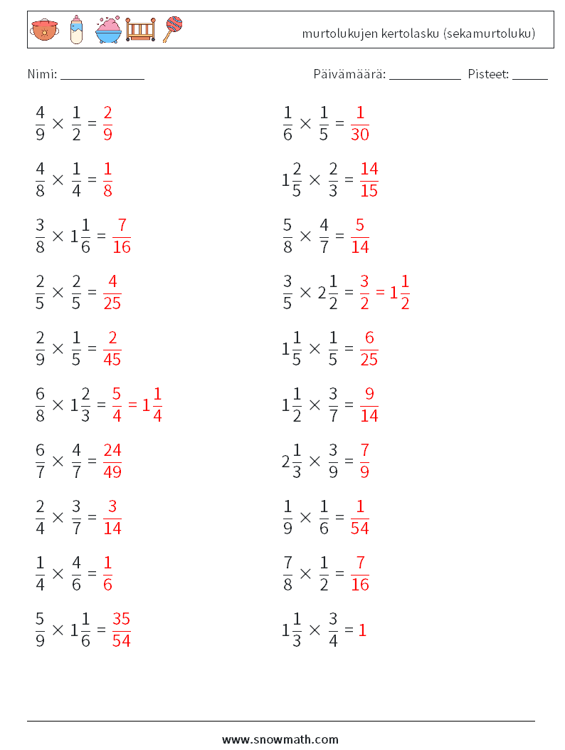 (20) murtolukujen kertolasku (sekamurtoluku) Matematiikan laskentataulukot 3 Kysymys, vastaus
