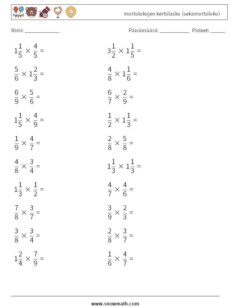 (20) murtolukujen kertolasku (sekamurtoluku) Matematiikan laskentataulukot 4