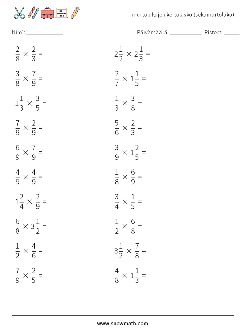 (20) murtolukujen kertolasku (sekamurtoluku) Matematiikan laskentataulukot 5