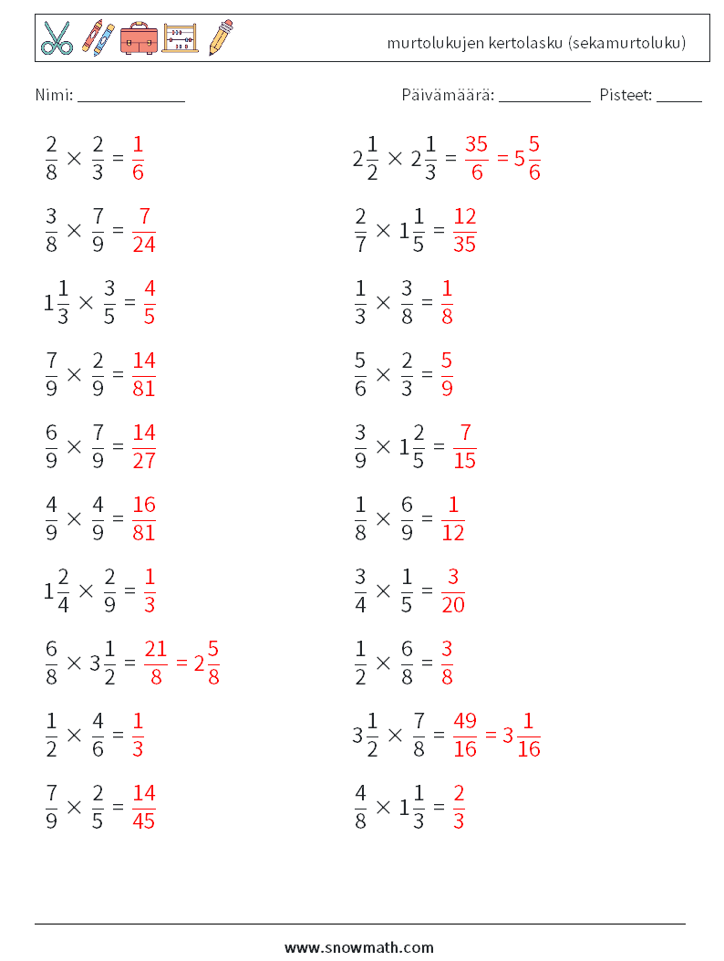 (20) murtolukujen kertolasku (sekamurtoluku) Matematiikan laskentataulukot 5 Kysymys, vastaus