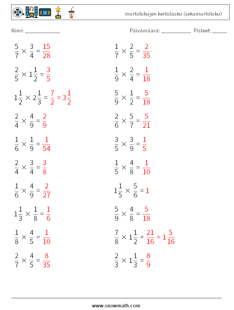 (20) murtolukujen kertolasku (sekamurtoluku) Matematiikan laskentataulukot 7 Kysymys, vastaus