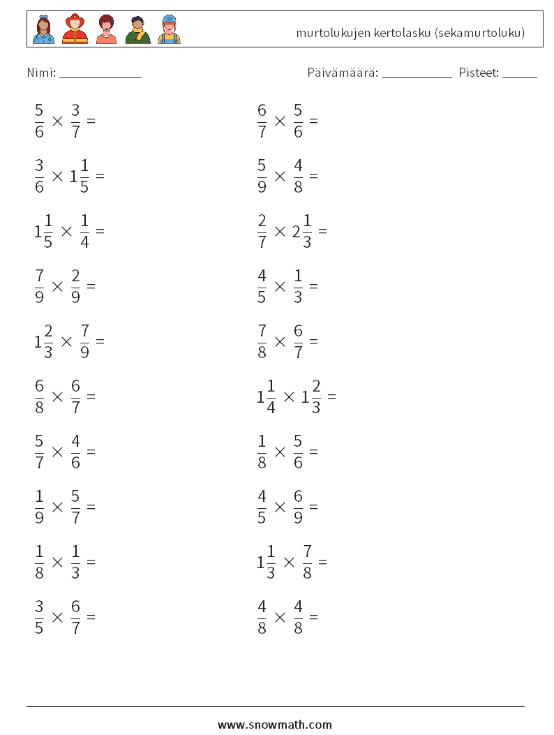 (20) murtolukujen kertolasku (sekamurtoluku) Matematiikan laskentataulukot 8