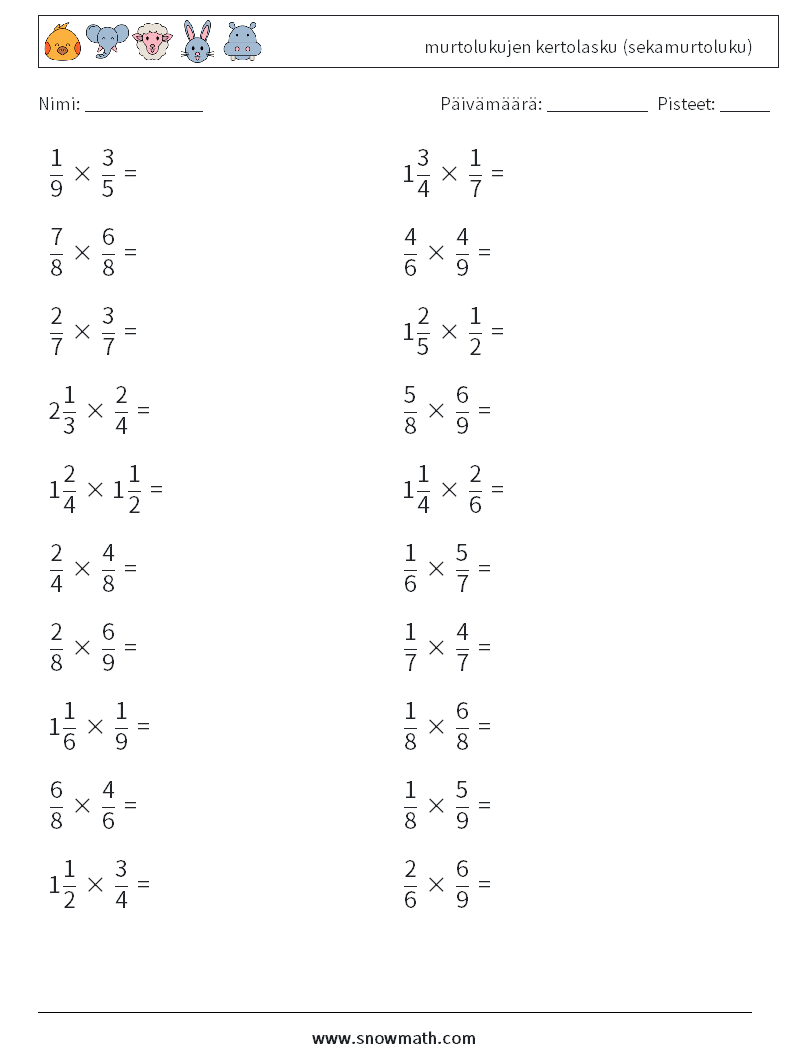 (20) murtolukujen kertolasku (sekamurtoluku) Matematiikan laskentataulukot 9