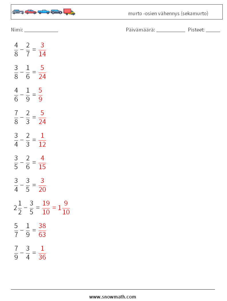 (10) murto -osien vähennys (sekamurto) Matematiikan laskentataulukot 11 Kysymys, vastaus