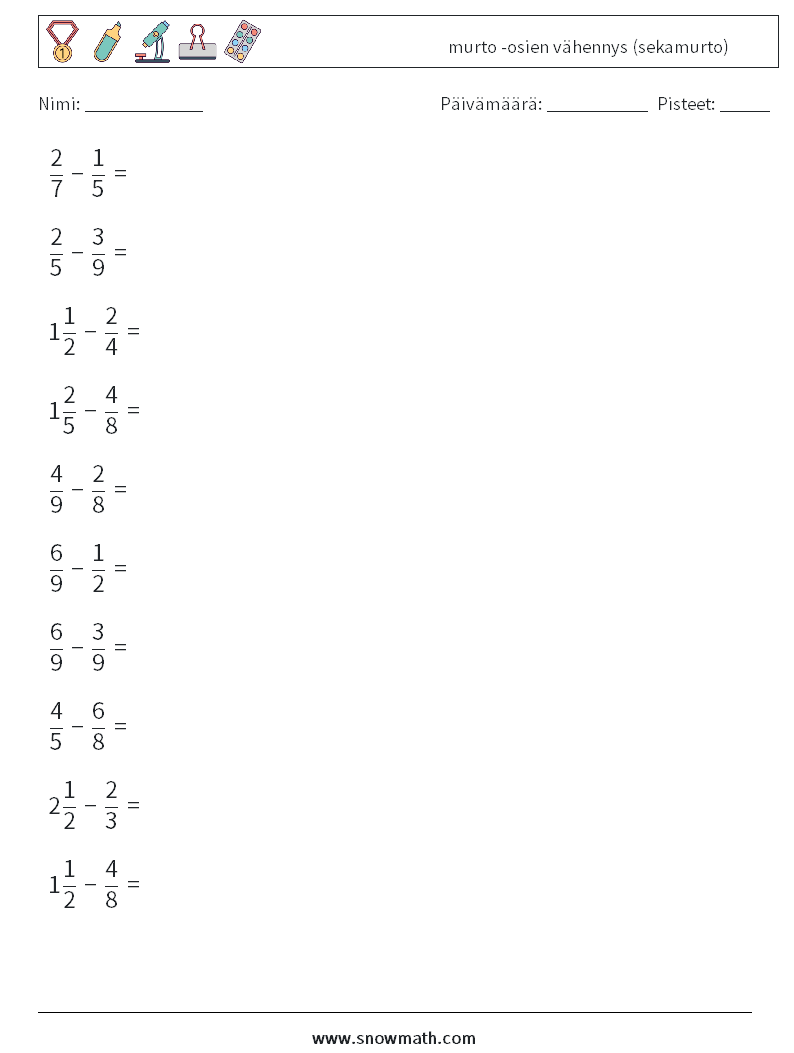 (10) murto -osien vähennys (sekamurto) Matematiikan laskentataulukot 13