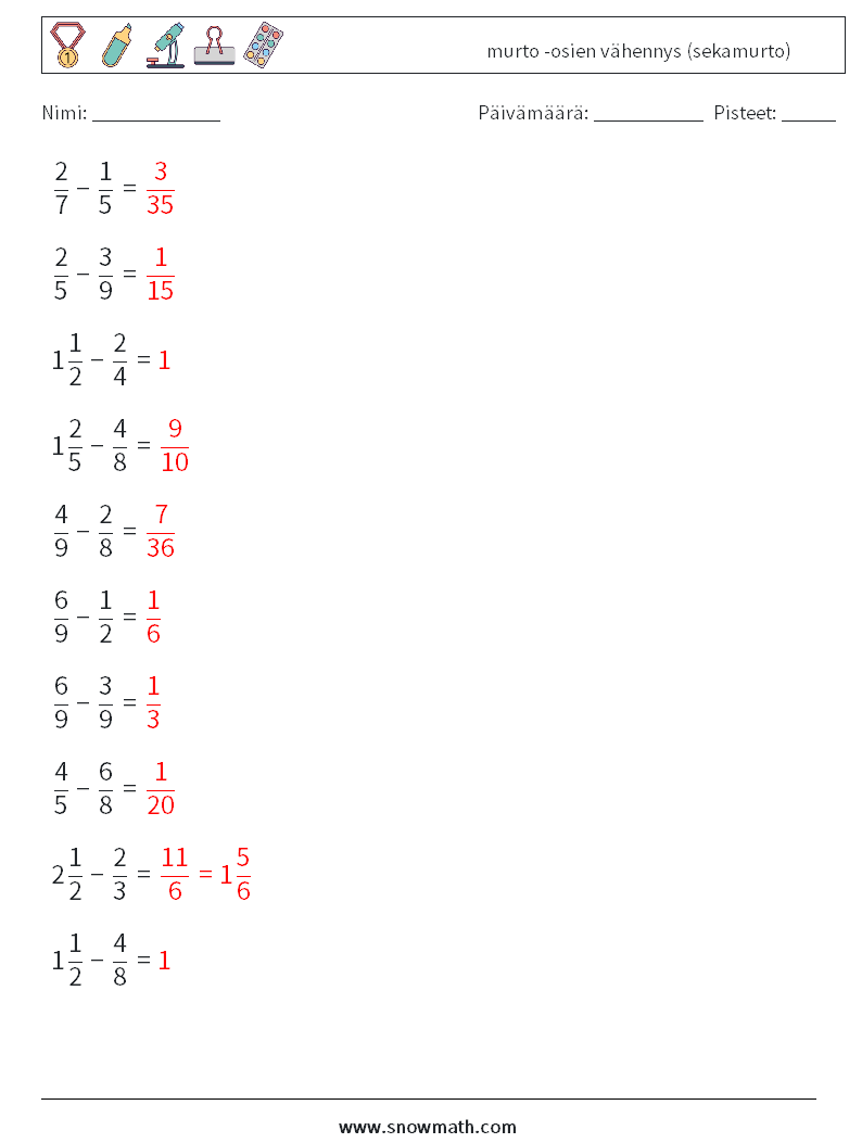 (10) murto -osien vähennys (sekamurto) Matematiikan laskentataulukot 13 Kysymys, vastaus