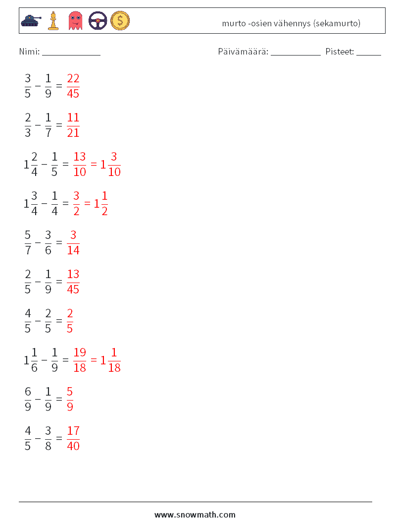 (10) murto -osien vähennys (sekamurto) Matematiikan laskentataulukot 14 Kysymys, vastaus