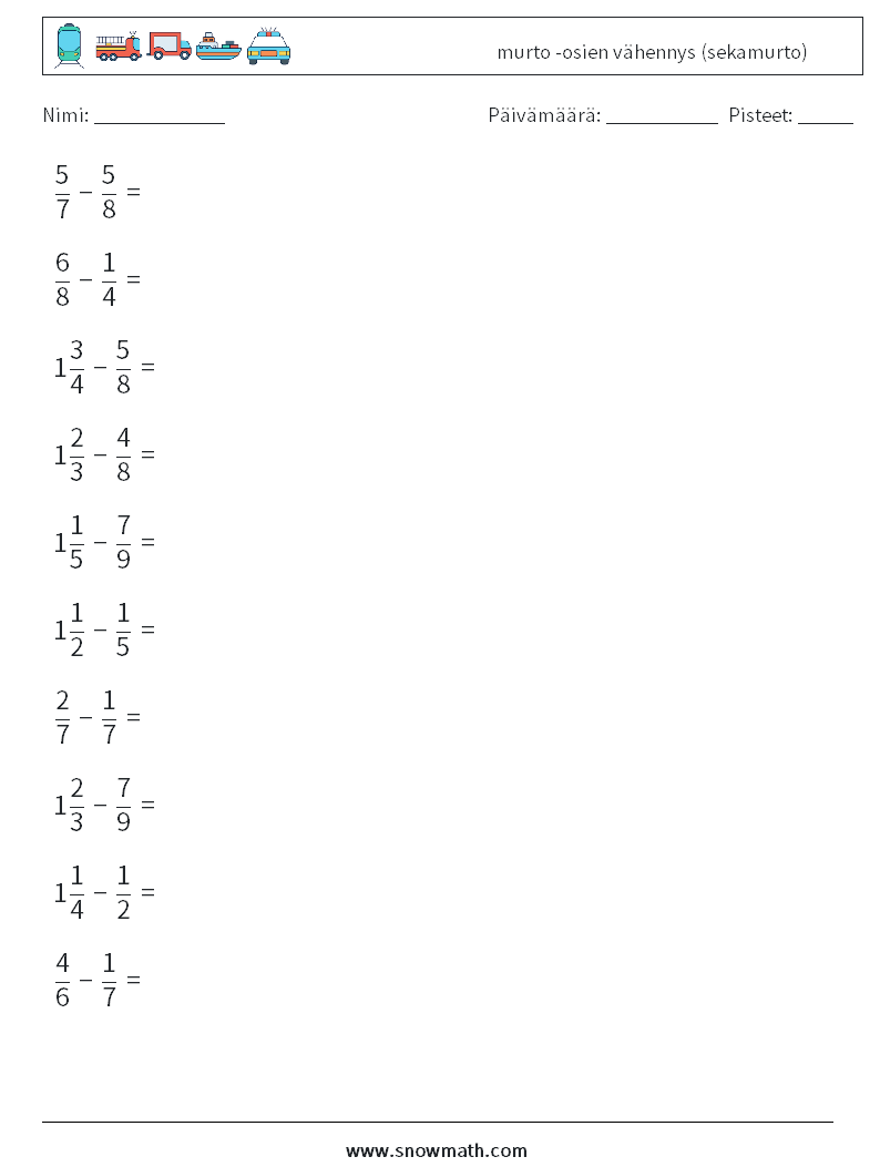 (10) murto -osien vähennys (sekamurto) Matematiikan laskentataulukot 15