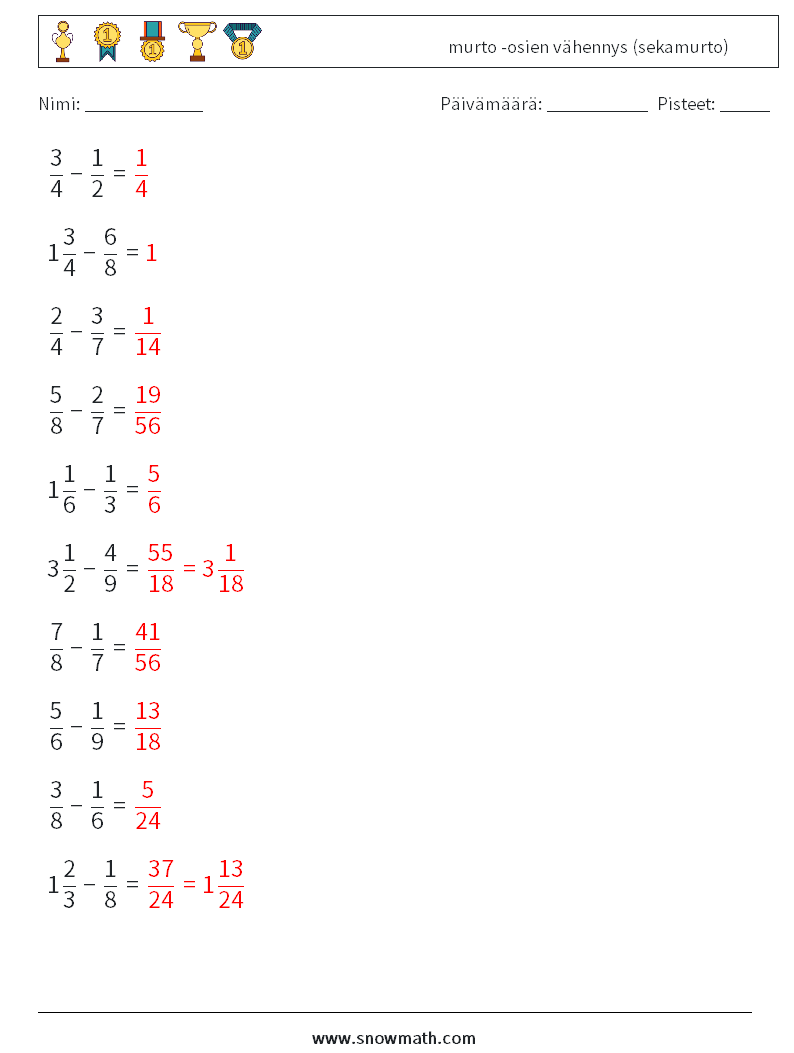 (10) murto -osien vähennys (sekamurto) Matematiikan laskentataulukot 16 Kysymys, vastaus