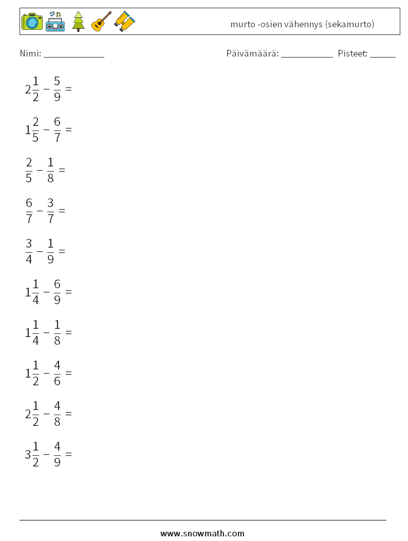 (10) murto -osien vähennys (sekamurto) Matematiikan laskentataulukot 17