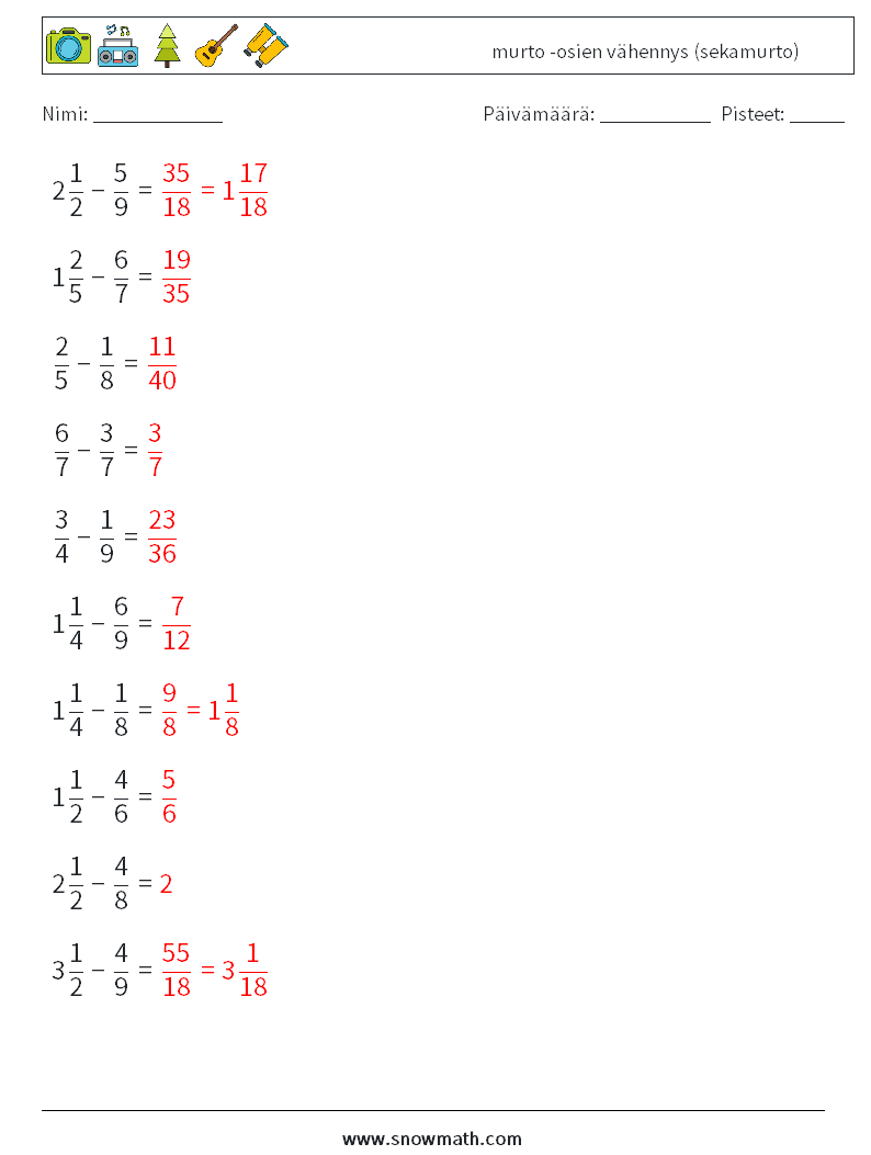 (10) murto -osien vähennys (sekamurto) Matematiikan laskentataulukot 17 Kysymys, vastaus