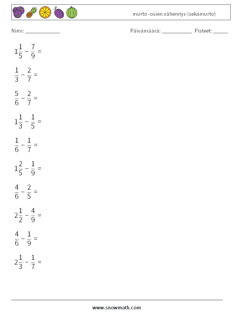 (10) murto -osien vähennys (sekamurto) Matematiikan laskentataulukot 18