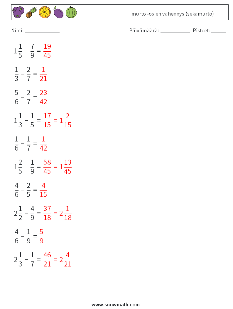 (10) murto -osien vähennys (sekamurto) Matematiikan laskentataulukot 18 Kysymys, vastaus