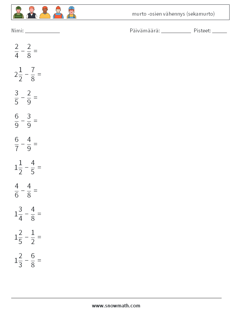 (10) murto -osien vähennys (sekamurto) Matematiikan laskentataulukot 3