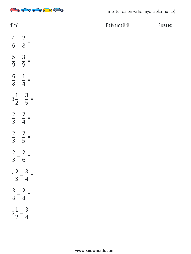 (10) murto -osien vähennys (sekamurto) Matematiikan laskentataulukot 4