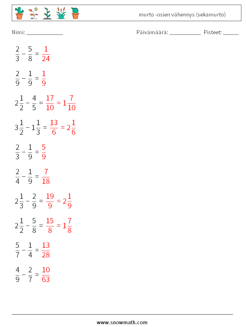 (10) murto -osien vähennys (sekamurto) Matematiikan laskentataulukot 7 Kysymys, vastaus