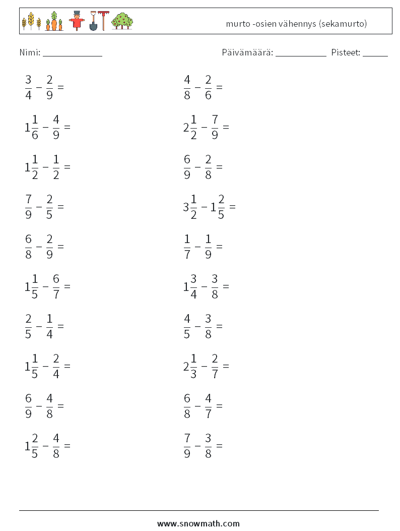 (20) murto -osien vähennys (sekamurto) Matematiikan laskentataulukot 10