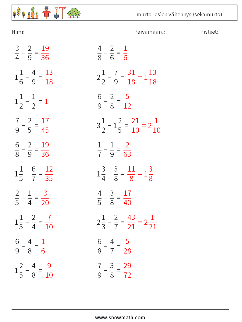 (20) murto -osien vähennys (sekamurto) Matematiikan laskentataulukot 10 Kysymys, vastaus