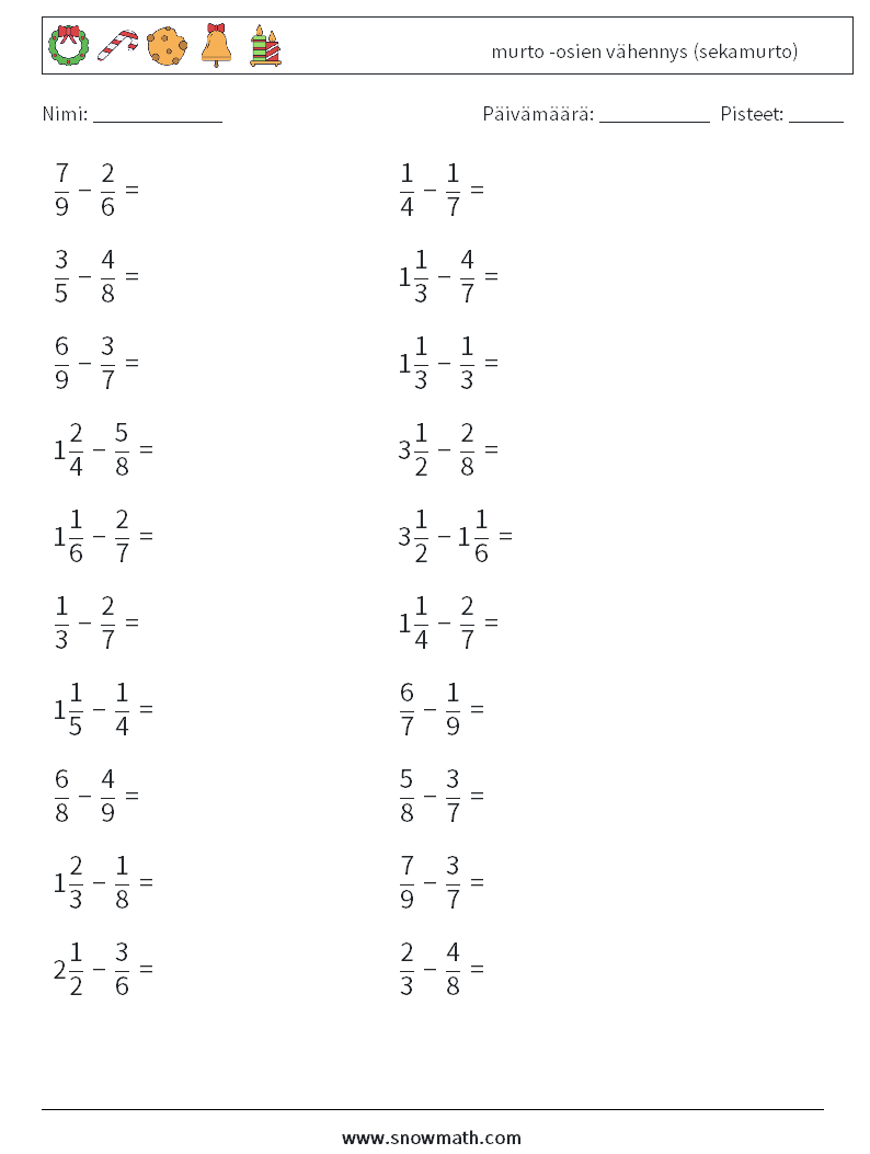 (20) murto -osien vähennys (sekamurto) Matematiikan laskentataulukot 11