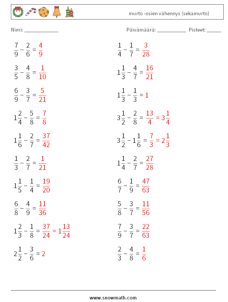 (20) murto -osien vähennys (sekamurto) Matematiikan laskentataulukot 11 Kysymys, vastaus